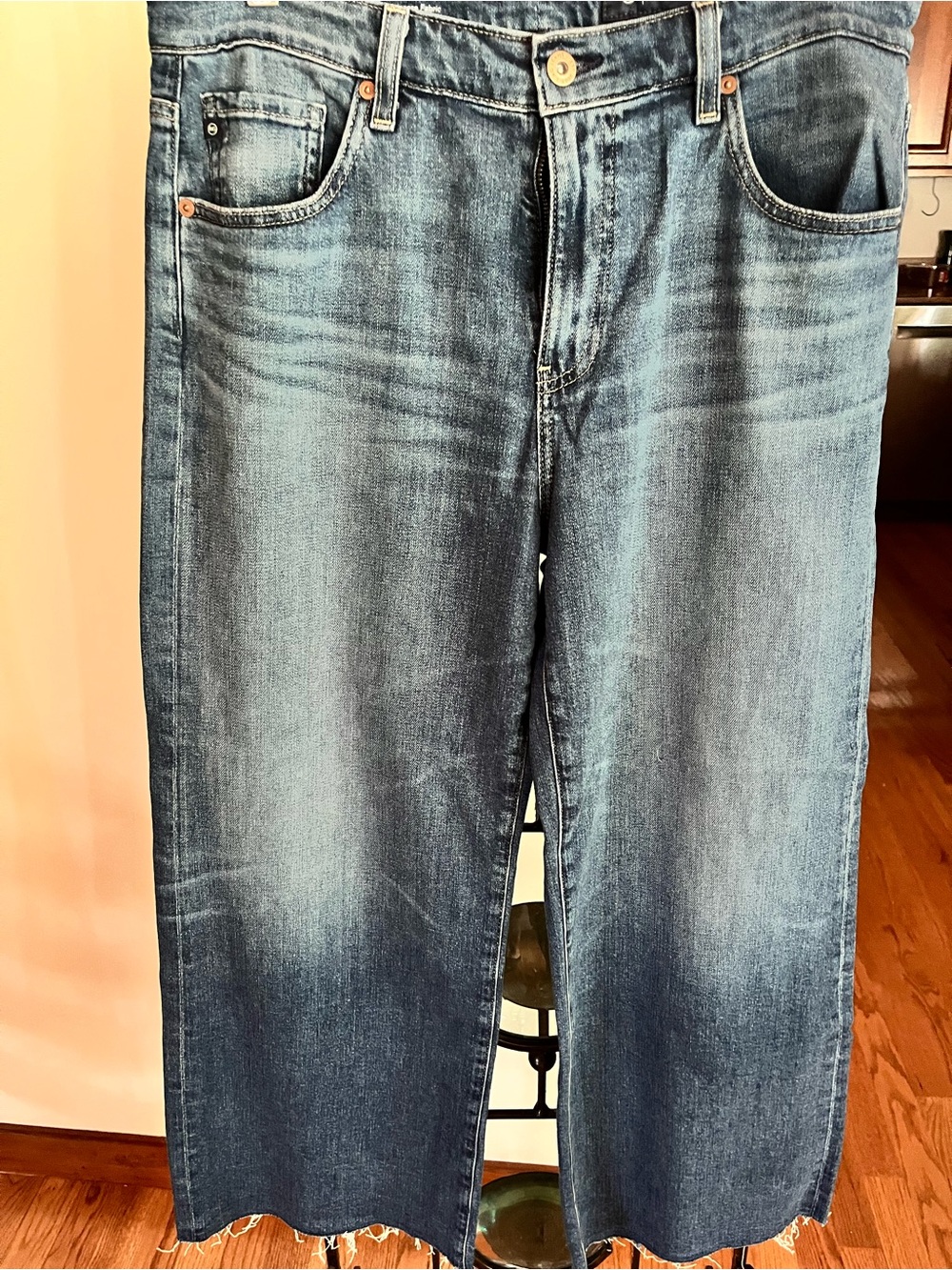 Ag Adriano Goldschmied Wide-Leg Distressed Blue Denim Jeans
